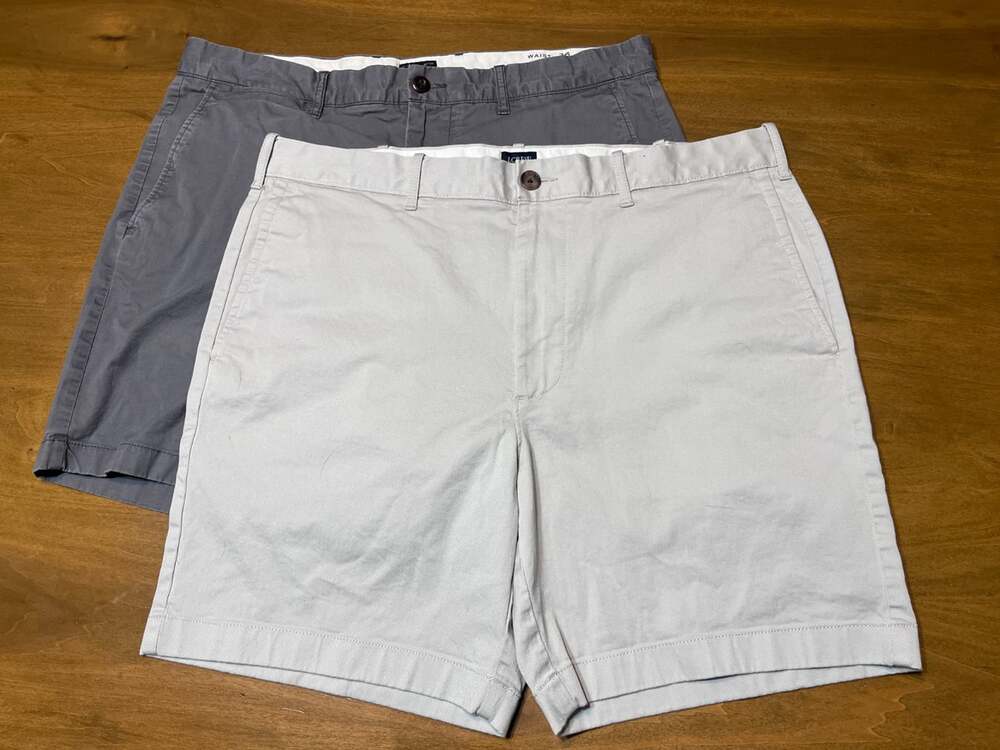 Lot of 2 J Crew Mens Shorts 36 x 7 inch Inseam Beige Gray Flat Front Preppy